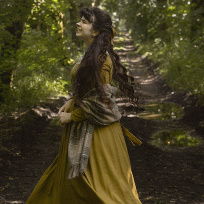 Demelza Poldark princess V waist corset linen dress. Handmade mustard linen dress with lace