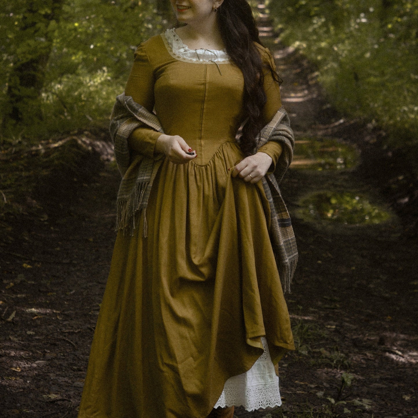 Demelza Poldark princess V waist corset linen dress. Handmade mustard linen dress with lace