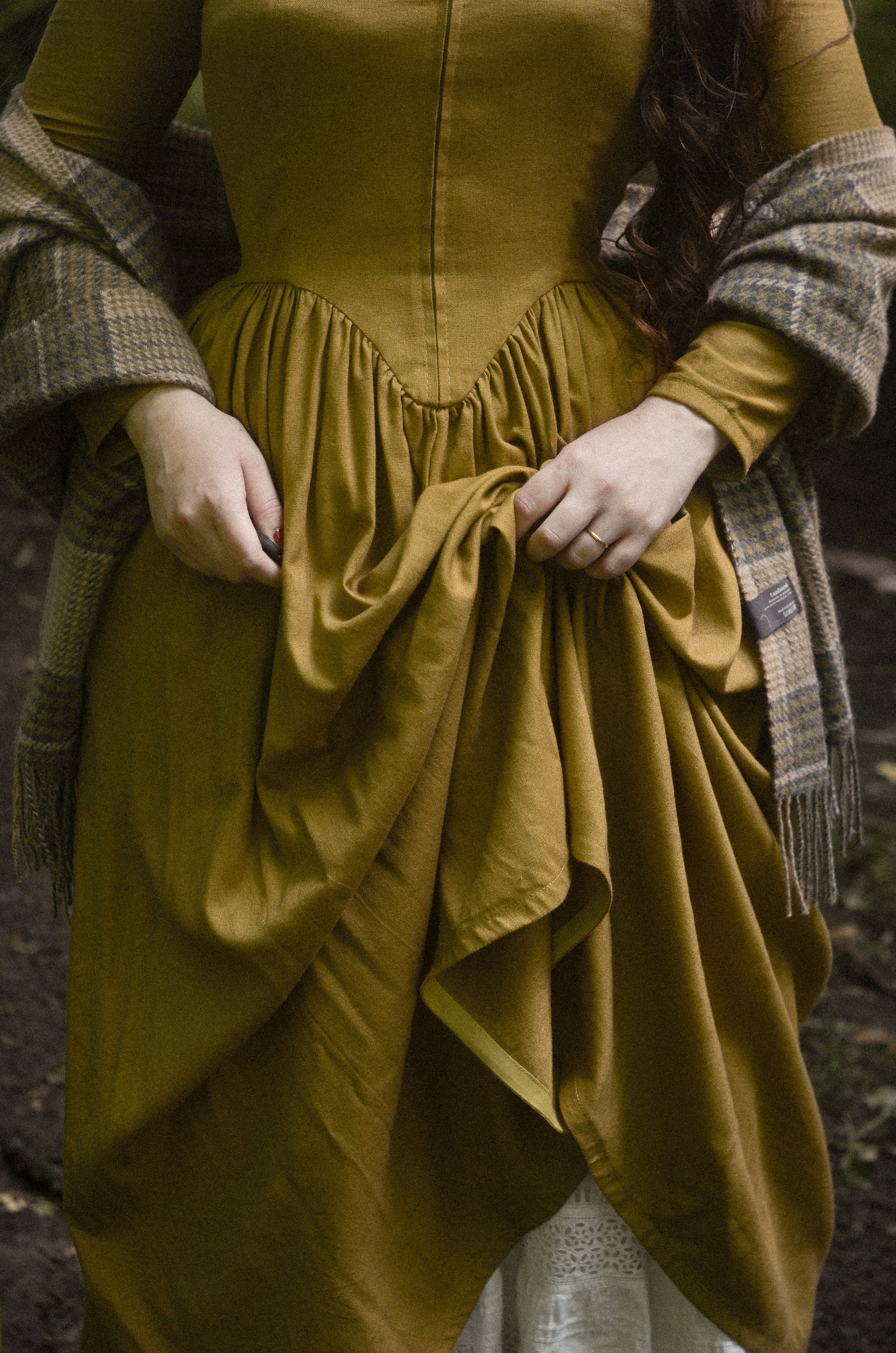 Demelza Poldark princess V waist corset linen dress. Handmade mustard linen dress with lace