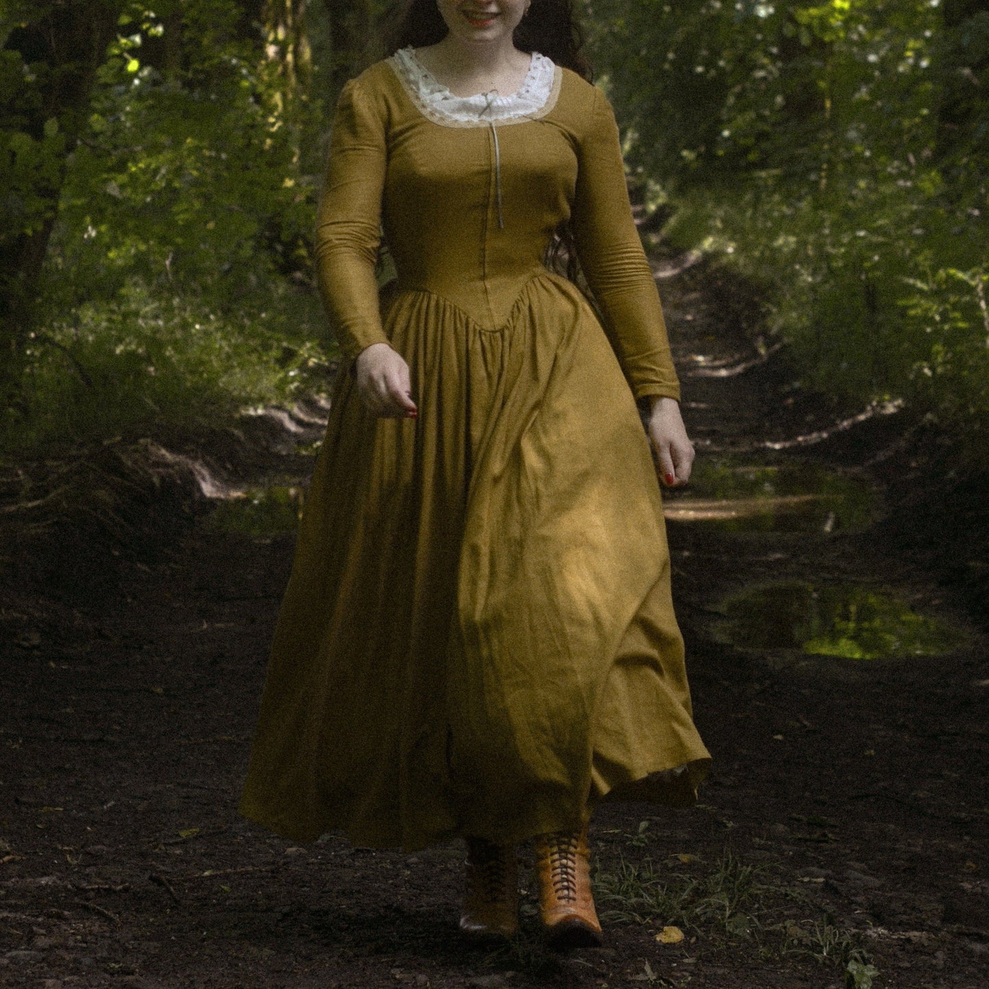 Demelza Poldark princess V waist corset linen dress. Handmade mustard linen dress with lace