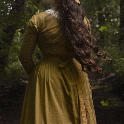 Demelza Poldark princess V waist corset linen dress. Handmade mustard linen dress with lace