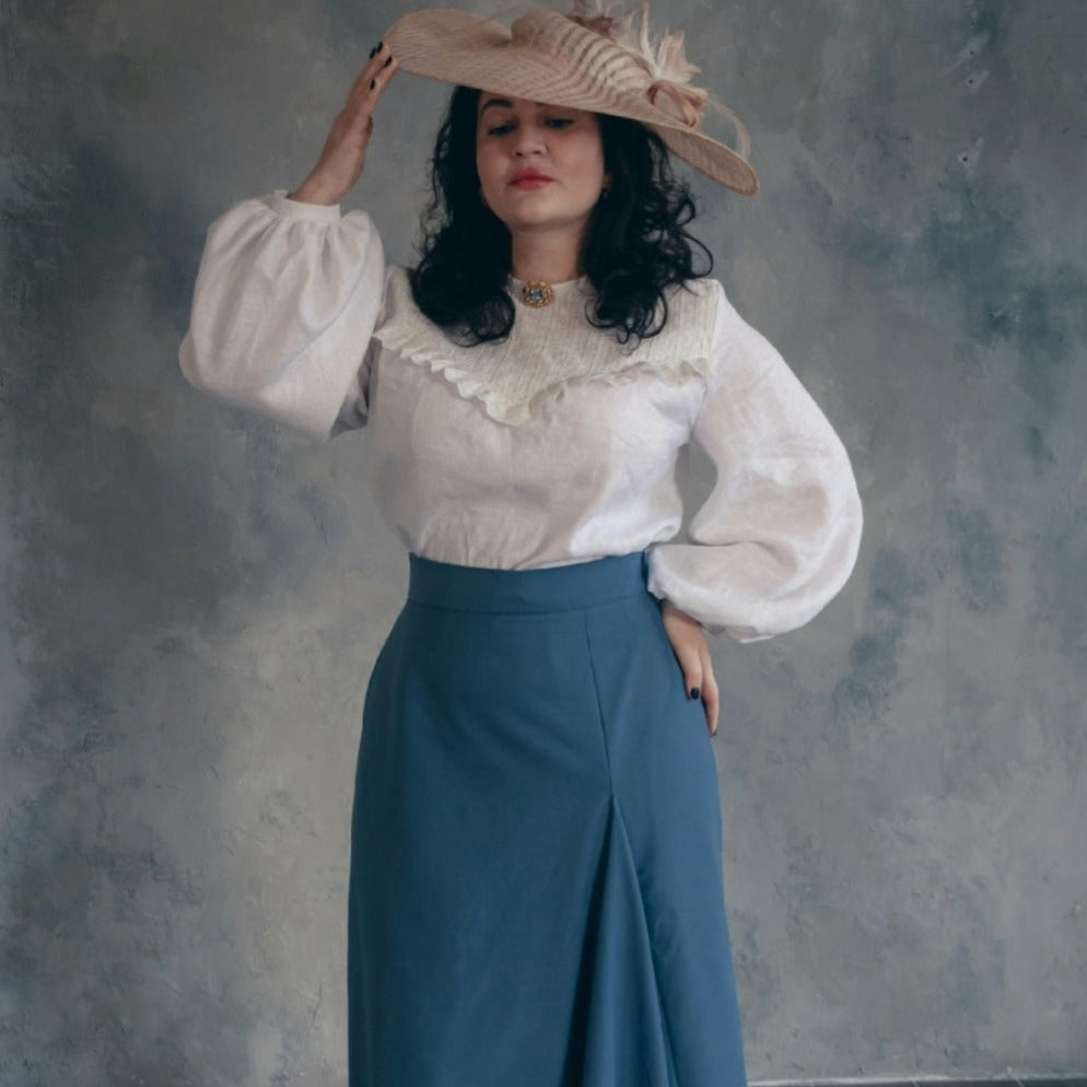 Edwardian victorian baby blue walking skirt and white linen blouse.Handmade gibson girl suffragette 1900s set, skirt with ruffles and blouse with lace. Natural sustainability linen clothes