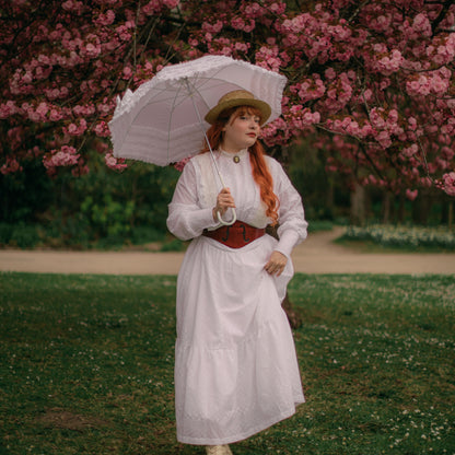 Edwardian Gibson girl tea day dress. Handmade victorian suffragette wedding walking eyelet cotton dress.