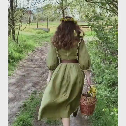 Olive goblincore style linen dress. Handmade cottagecore dress with lace.