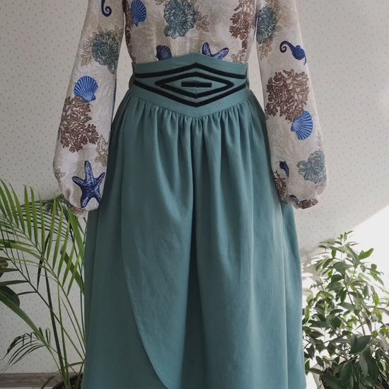 Aphrodite goddess muslin shell blouse, linen aqua skirt with velvet ribbon