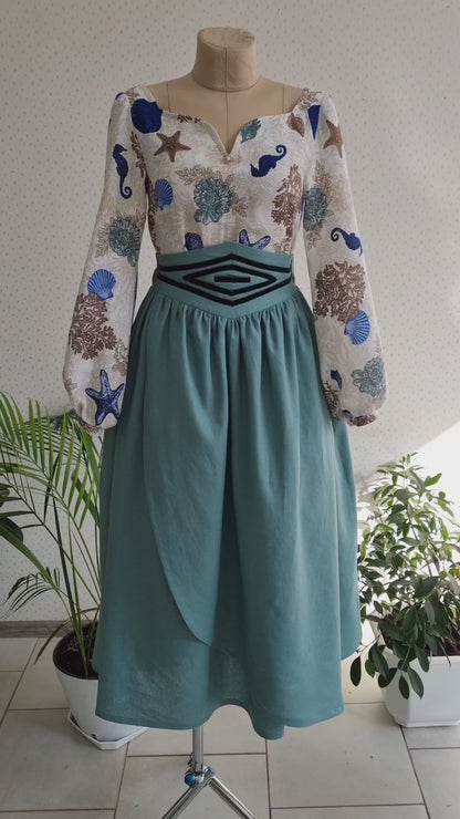 Aphrodite goddess muslin shell blouse, linen aqua skirt with velvet ribbon