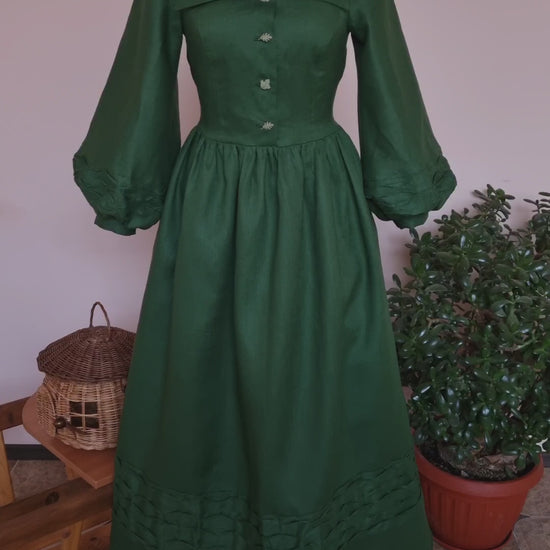 Forest witch elven forestcore goblincore linen dress. Handmade elven style puff sleeves dress with leaves buttons.