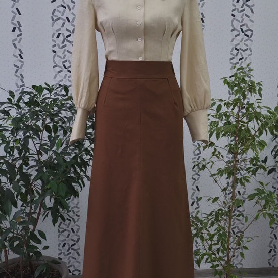 Edwardian victorian mummy Evelyn O'connell set costume. Handmade edwardian gibson girl victorian suffragette 1900s set: beige linen blouse, brown vest with basque and linen tail skirt. Natural sustainability linen clothes.