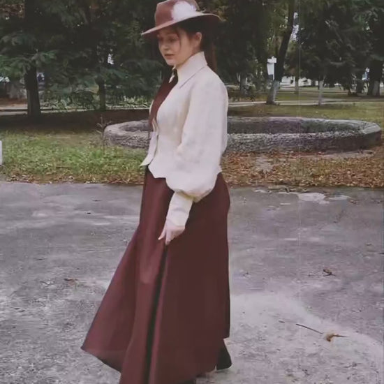 Evelyn O'connell library aestetic mummy brown beige linen costume set. Handmade librarian linen set, booktok victorian edwardian gibson girl suffragette 1900s walking linen brown skirt and eggshell blouse with bow and shell buttons