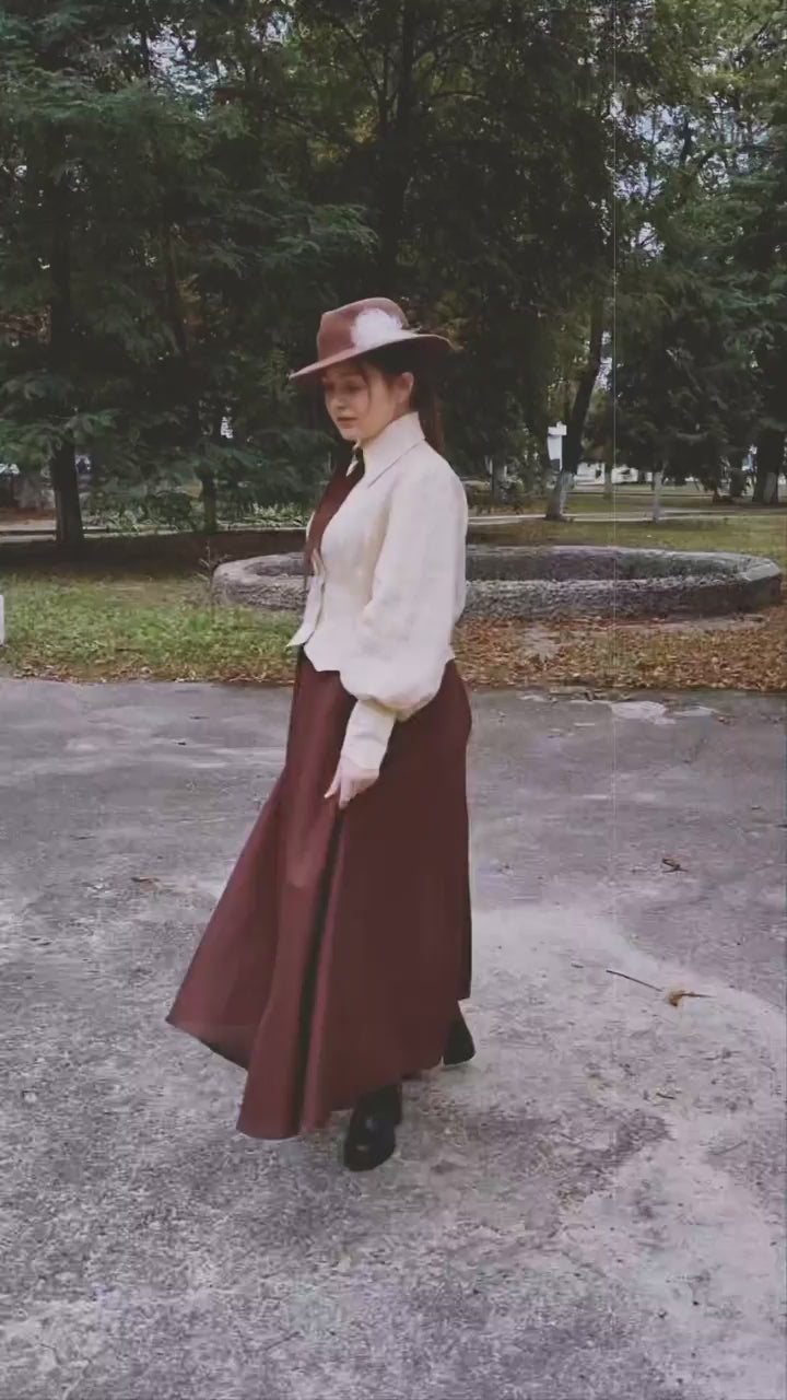 Evelyn O'connell library aestetic mummy brown beige linen costume set. Handmade librarian linen set, booktok victorian edwardian gibson girl suffragette 1900s walking linen brown skirt and eggshell blouse with bow and shell buttons