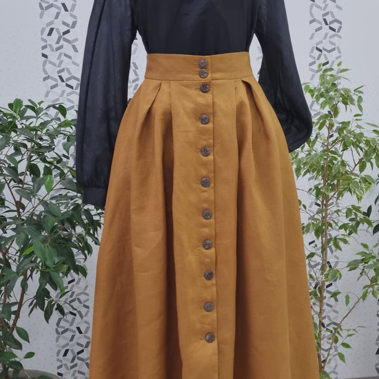 Handmade whimsigoth witch goth vampire set. Mustard classic retro style linen skirt wuth wood buttons in front and black linen vampire goth blouse.Natural sustainability linen clothes.