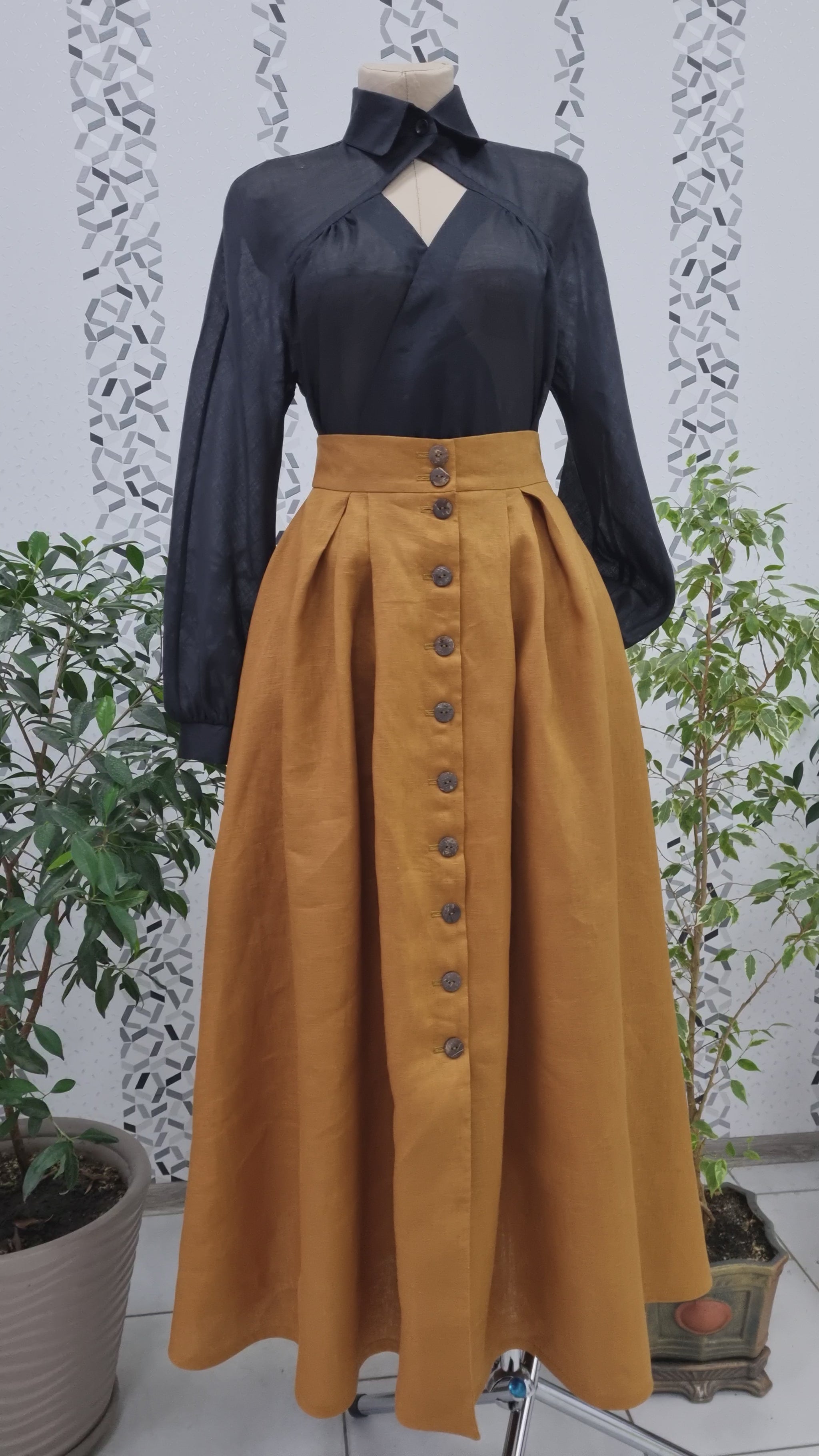 Handmade whimsigoth witch goth vampire set. Mustard classic retro style linen skirt wuth wood buttons in front and black linen vampire goth blouse.Natural sustainability linen clothes.