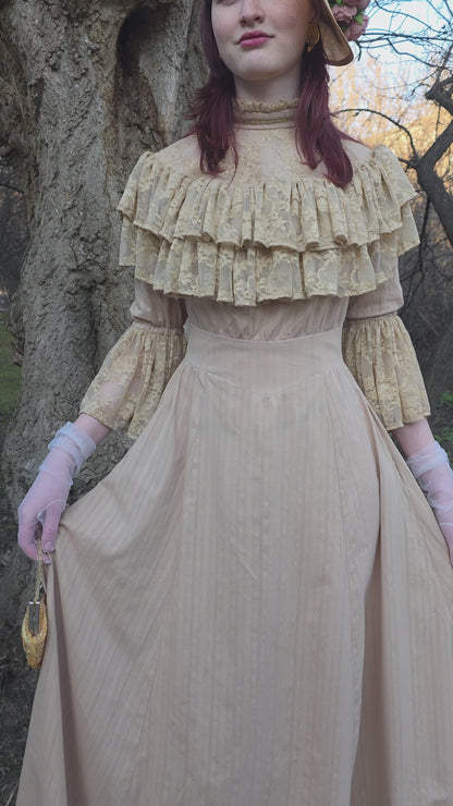 Edwardian beige wedding lace dress and hat