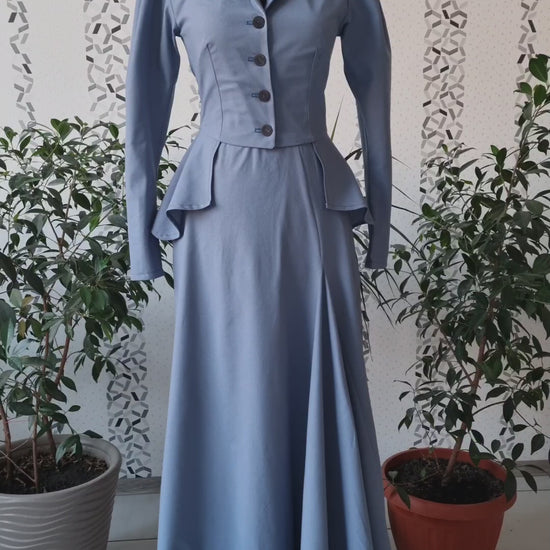 Edwardian victorian baby blue walking ruffles skirt and amazons jacket. Handmade gibson girl suffragette 1900s set. Natural sustainability linen clothes.