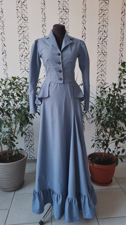 Edwardian victorian baby blue walking ruffles skirt and amazons jacket. Handmade gibson girl suffragette 1900s set. Natural sustainability linen clothes.