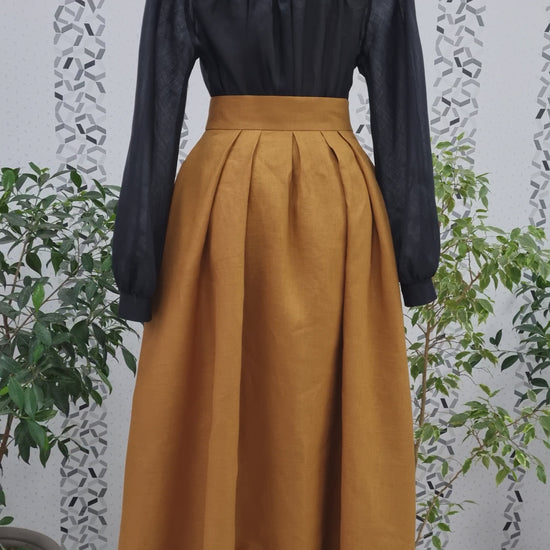 Handmade whimsigoth witch goth vampire set. Mustard classic retro style linen skirt wuth wood buttons in front and black linen vampire goth blouse.Natural sustainability linen clothes.