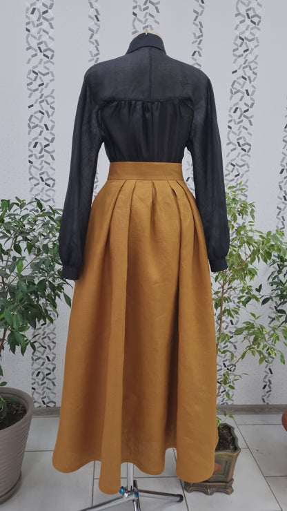 Handmade whimsigoth witch goth vampire set. Mustard classic retro style linen skirt wuth wood buttons in front and black linen vampire goth blouse.Natural sustainability linen clothes.