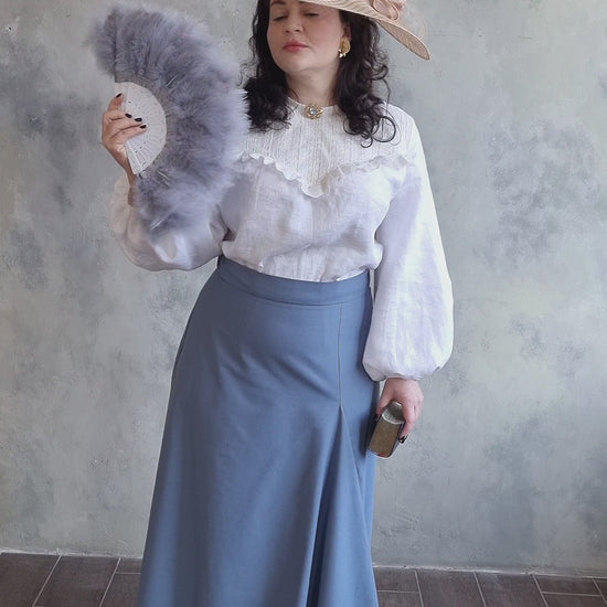 Edwardian victorian baby blue walking skirt and white linen blouse.Handmade gibson girl suffragette 1900s set, skirt with ruffles and blouse with lace. Natural sustainability linen clothes