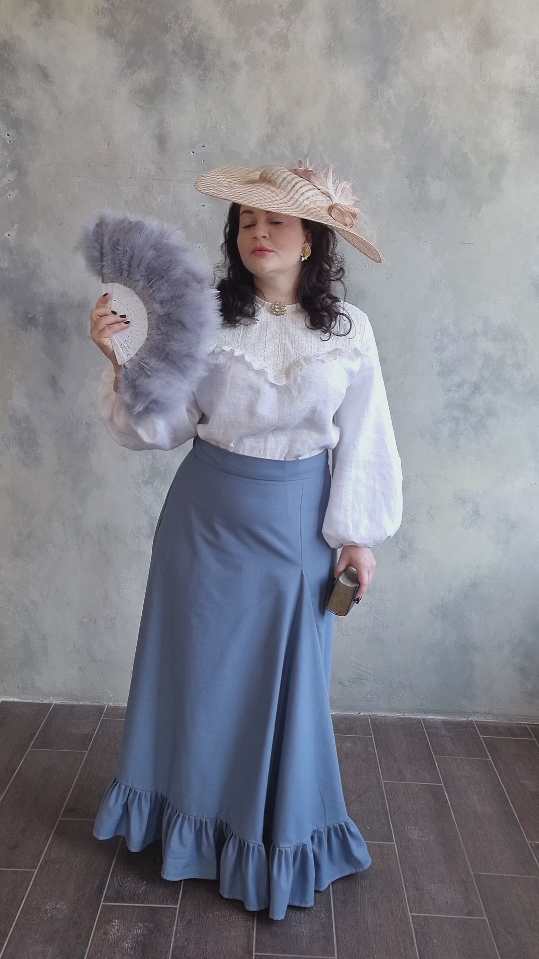 Edwardian victorian baby blue walking skirt and white linen blouse.Handmade gibson girl suffragette 1900s set, skirt with ruffles and blouse with lace. Natural sustainability linen clothes