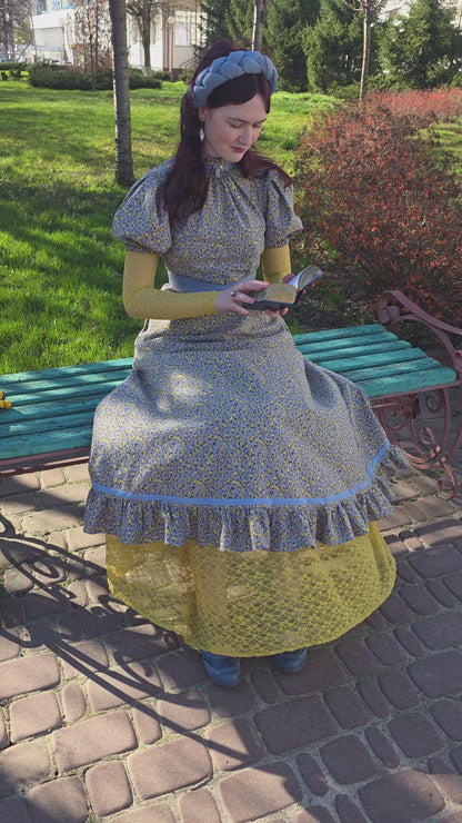 Floral blue flannel edwardian inspired dress and yellow underdress