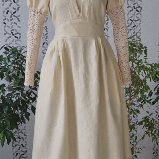 Victorian edwardian gibson girl eggshell elven princesscore linen dress. Handmade sustanable linen dress with lace