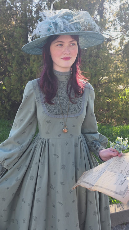 Dark fir green edwardian inspired  flannel dress with lace