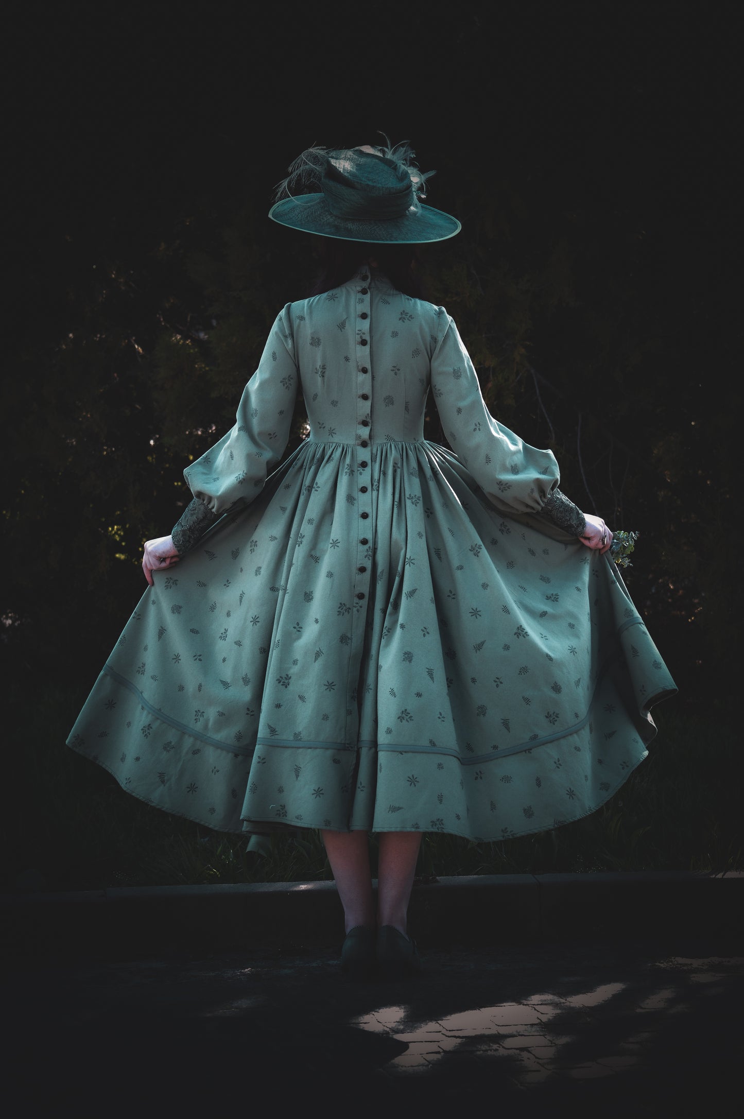 Dark fir green edwardian inspired  flannel dress with lace