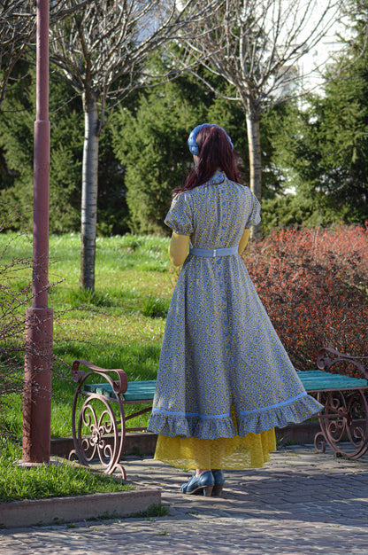 Floral blue flannel edwardian inspired dress and yellow underdress
