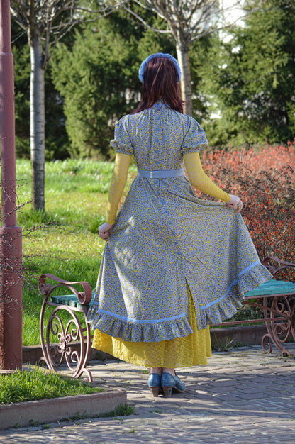 Floral blue flannel edwardian inspired dress and yellow underdress