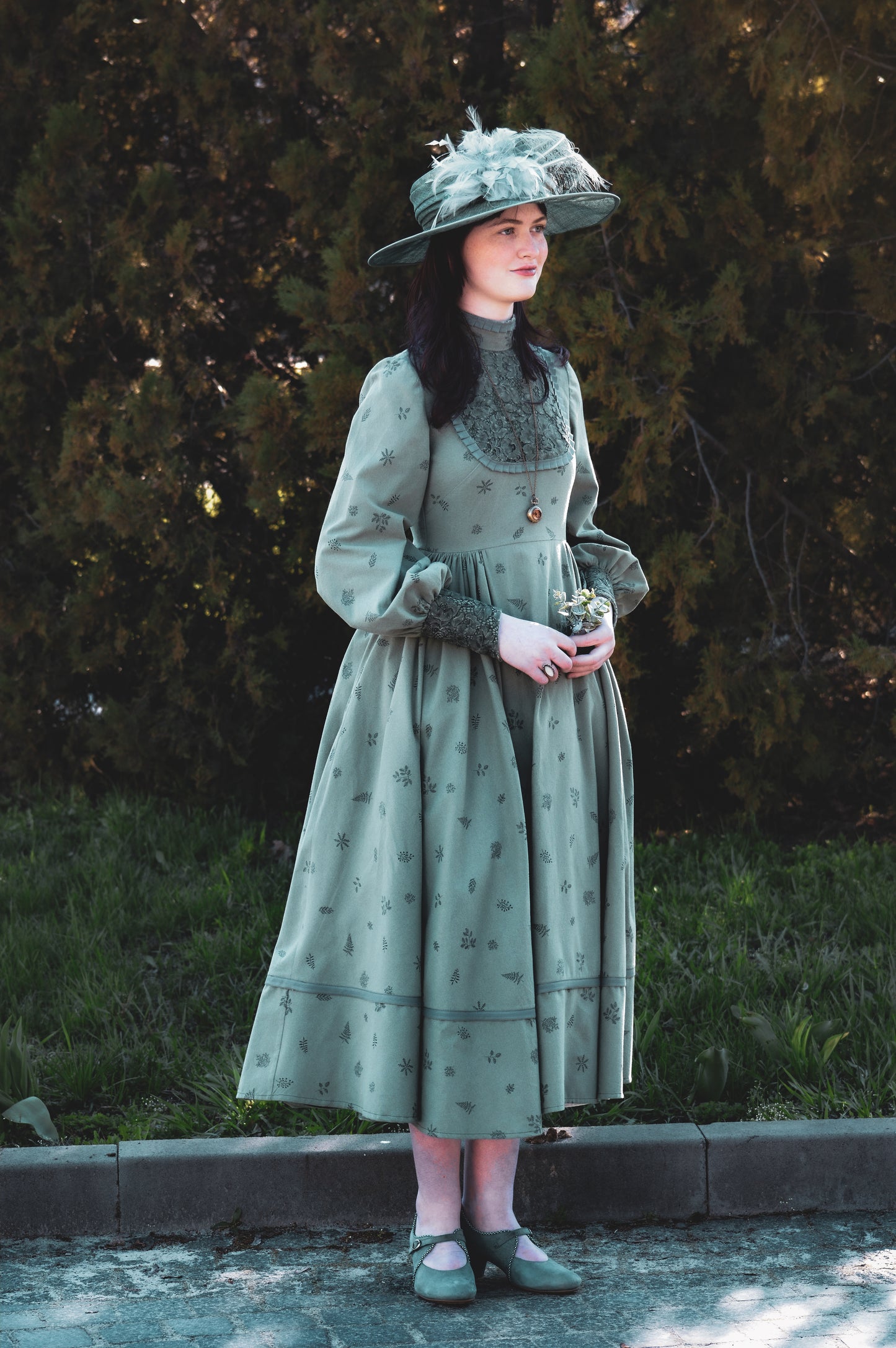 Dark fir green edwardian inspired  flannel dress with lace