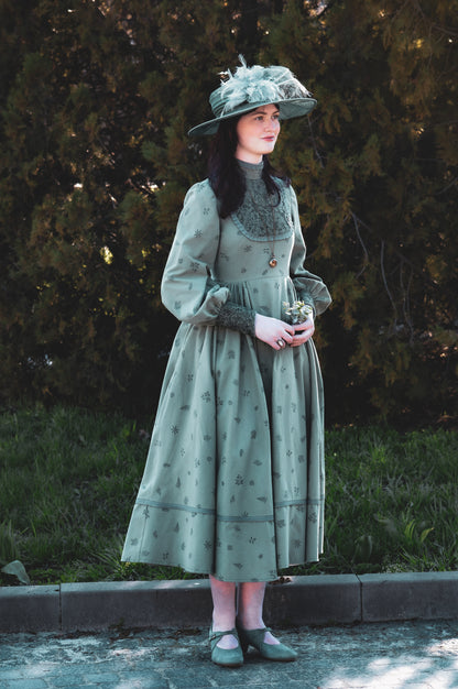 Dark fir green edwardian inspired  flannel dress with lace