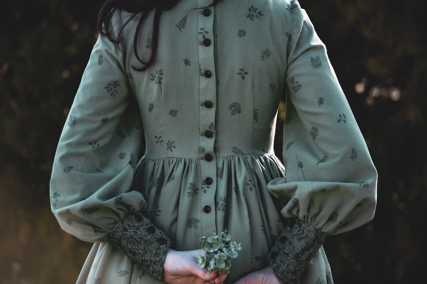Dark fir green edwardian inspired  flannel dress with lace