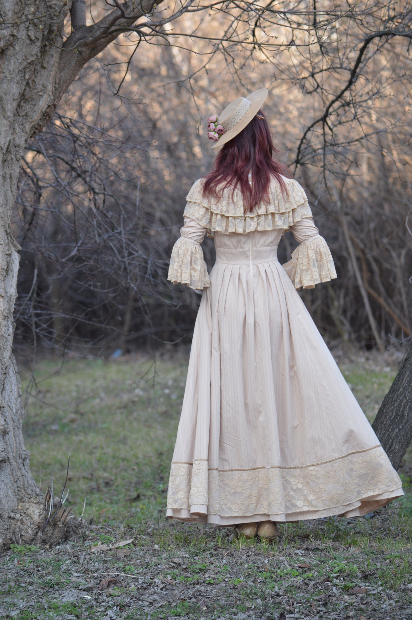 Edwardian beige wedding lace dress and hat