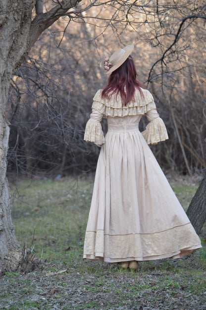 Edwardian beige wedding lace dress and hat