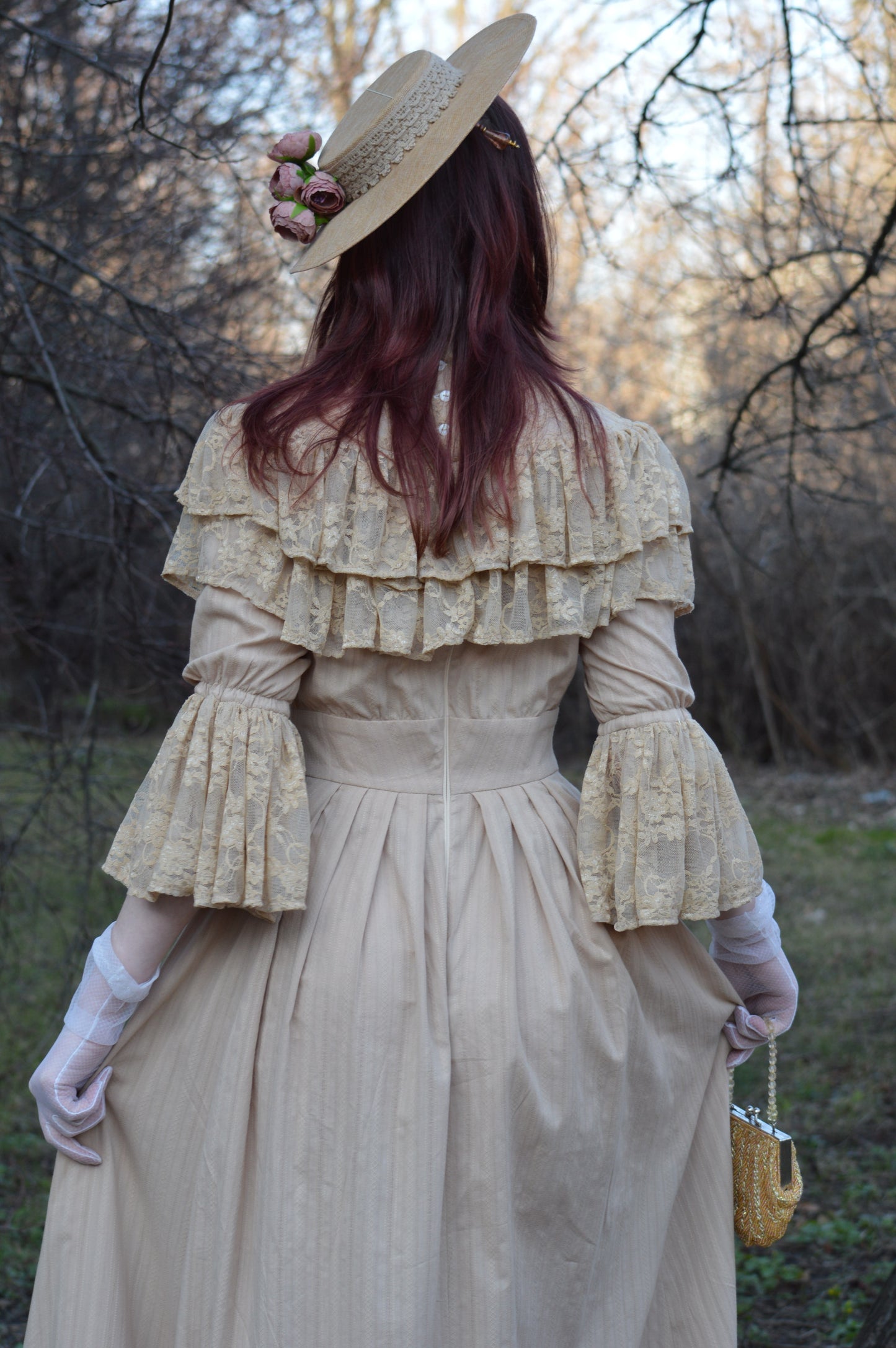 Edwardian beige wedding lace dress and hat
