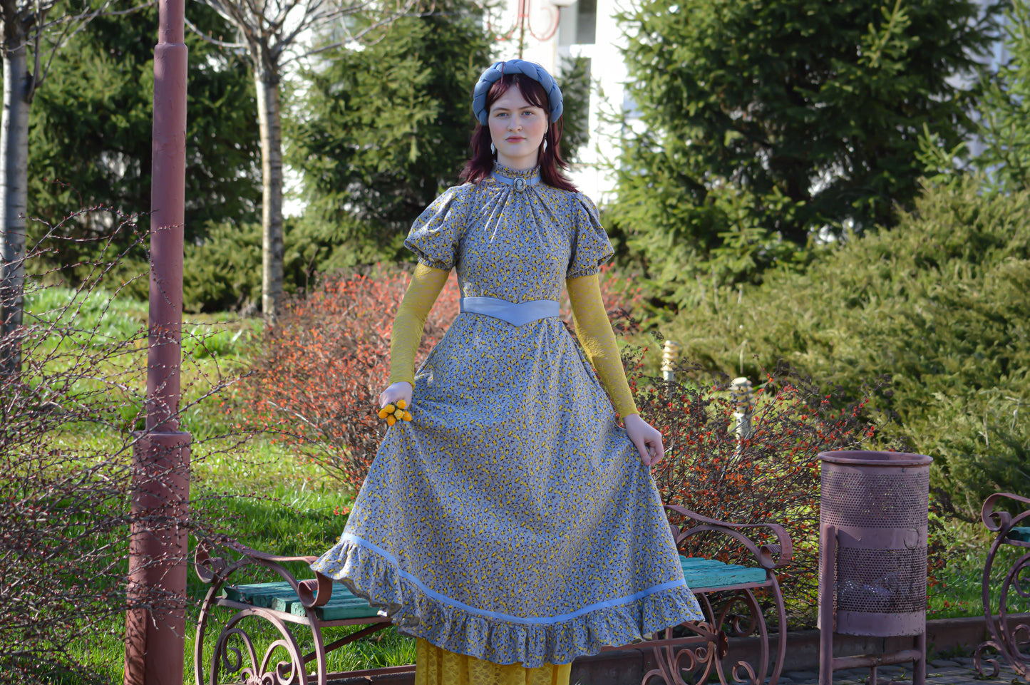 Floral blue flannel edwardian inspired dress and yellow underdress