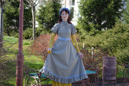 Floral blue flannel edwardian inspired dress and yellow underdress