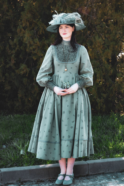 Dark fir green edwardian inspired  flannel dress with lace