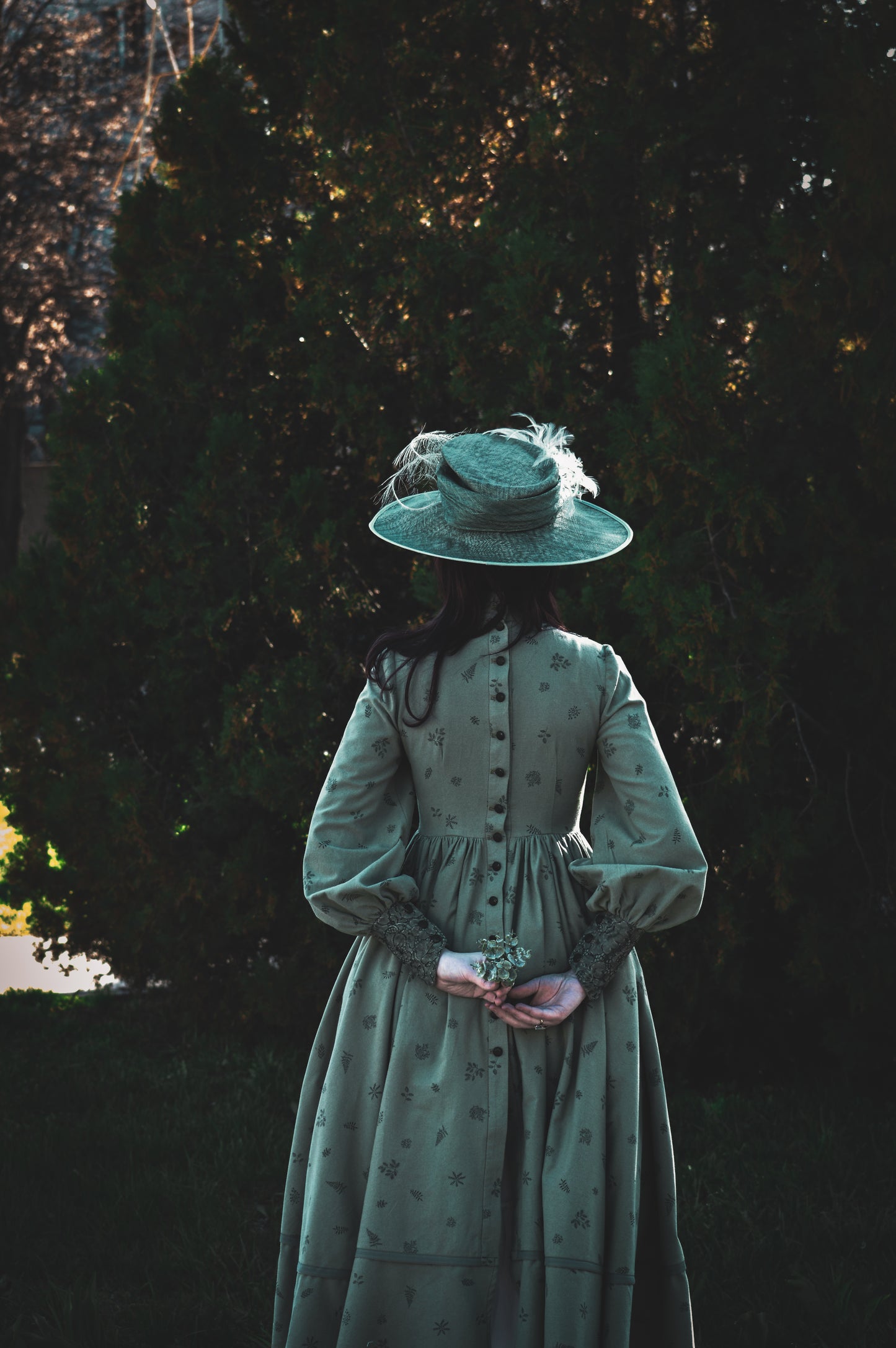 Dark fir green edwardian inspired  flannel dress with lace