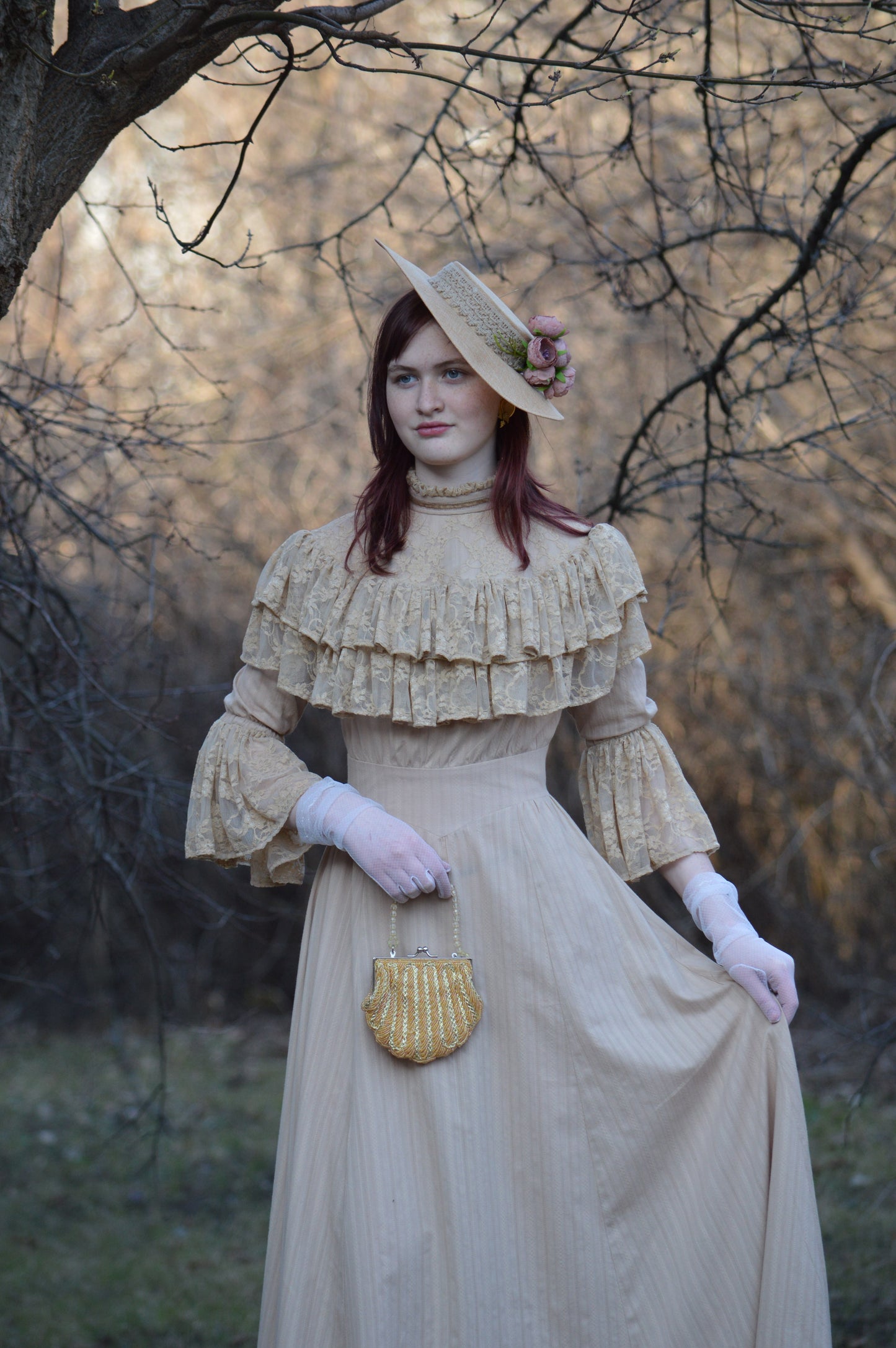 Edwardian beige wedding lace dress and hat