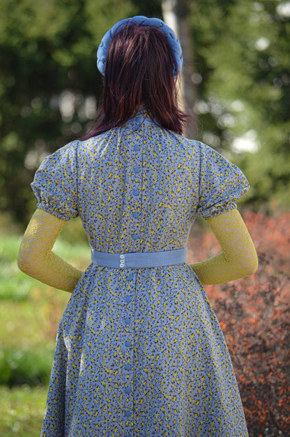 Floral blue flannel edwardian inspired dress and yellow underdress