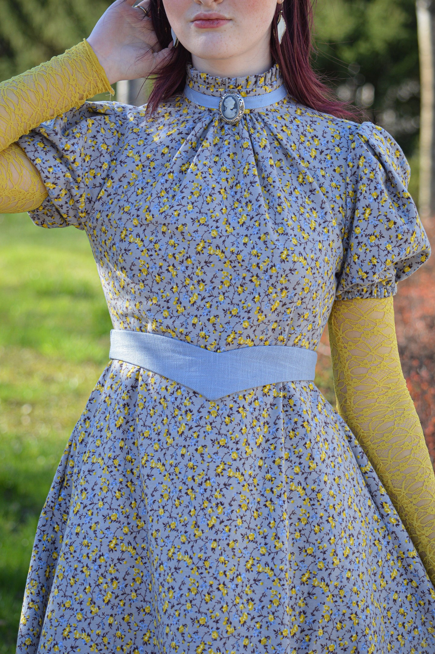 Floral blue flannel edwardian inspired dress and yellow underdress