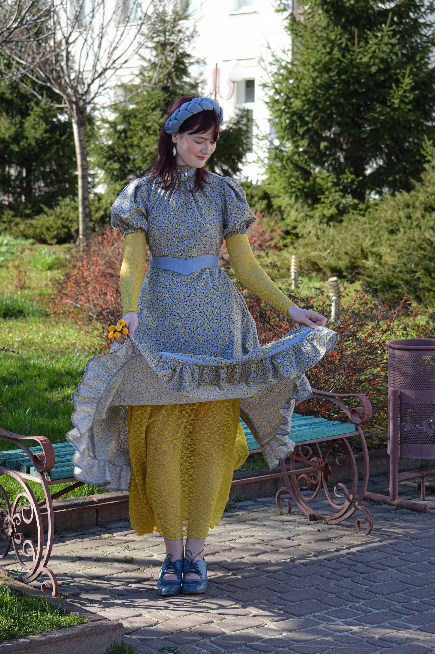 Floral blue flannel edwardian inspired dress and yellow underdress