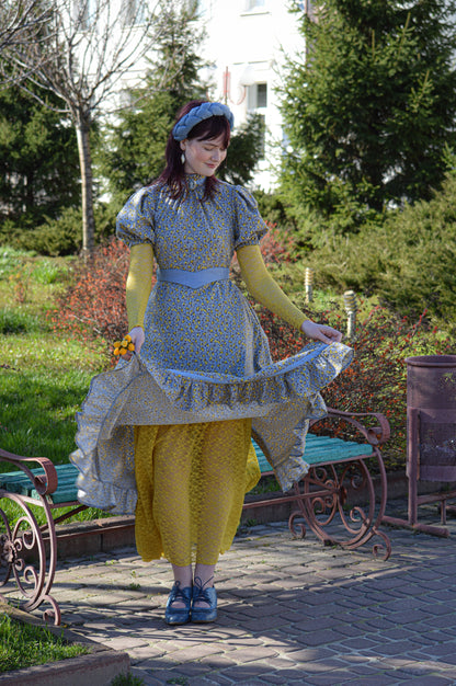 Floral blue flannel edwardian inspired dress and yellow underdress