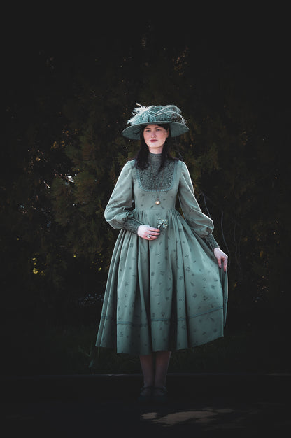 Dark fir green edwardian inspired  flannel dress with lace