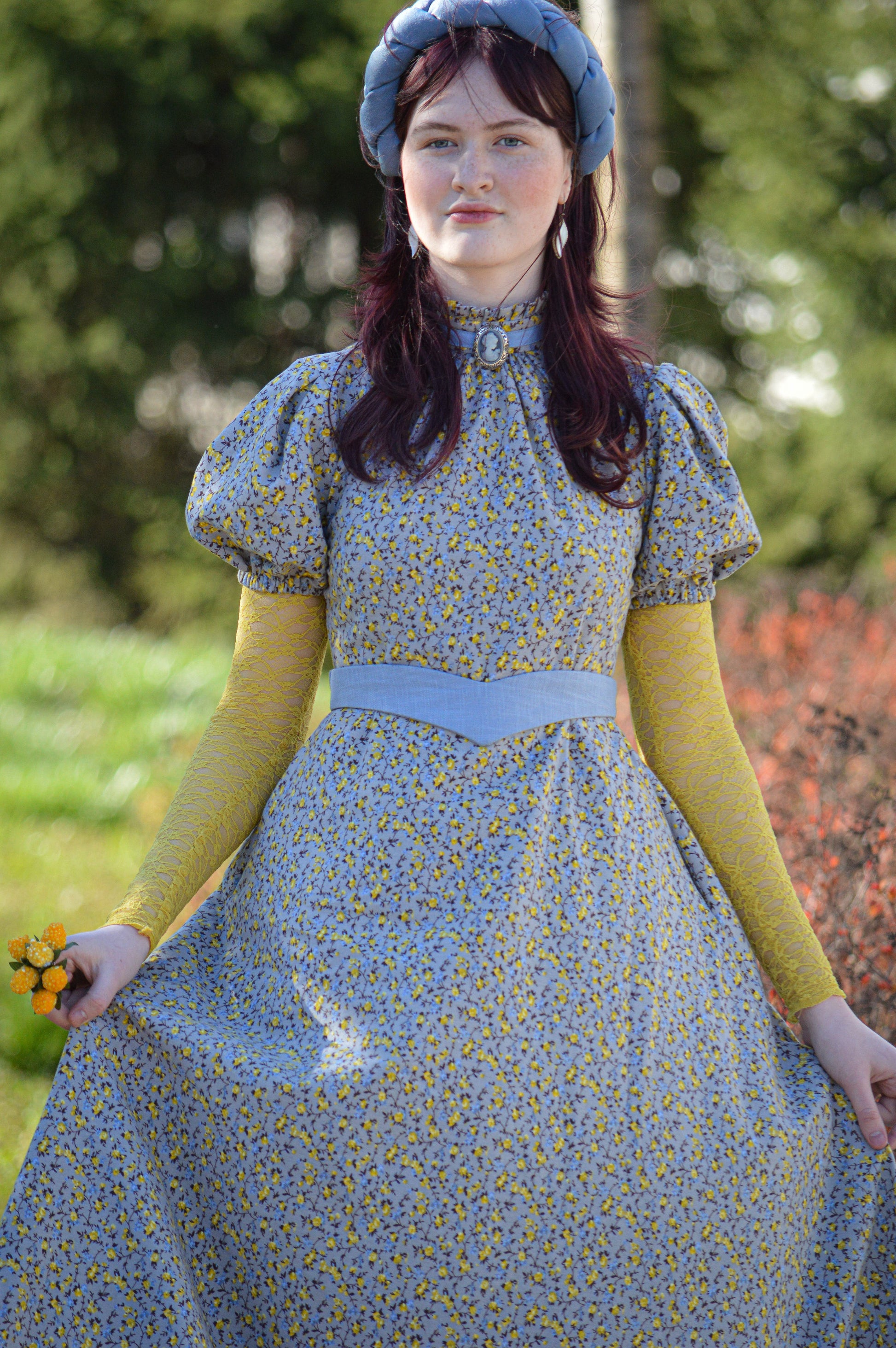 Floral blue flannel edwardian inspired dress and yellow underdress Fast sewing option 1-3 days and Fast delivery 3-9 days / Maxi