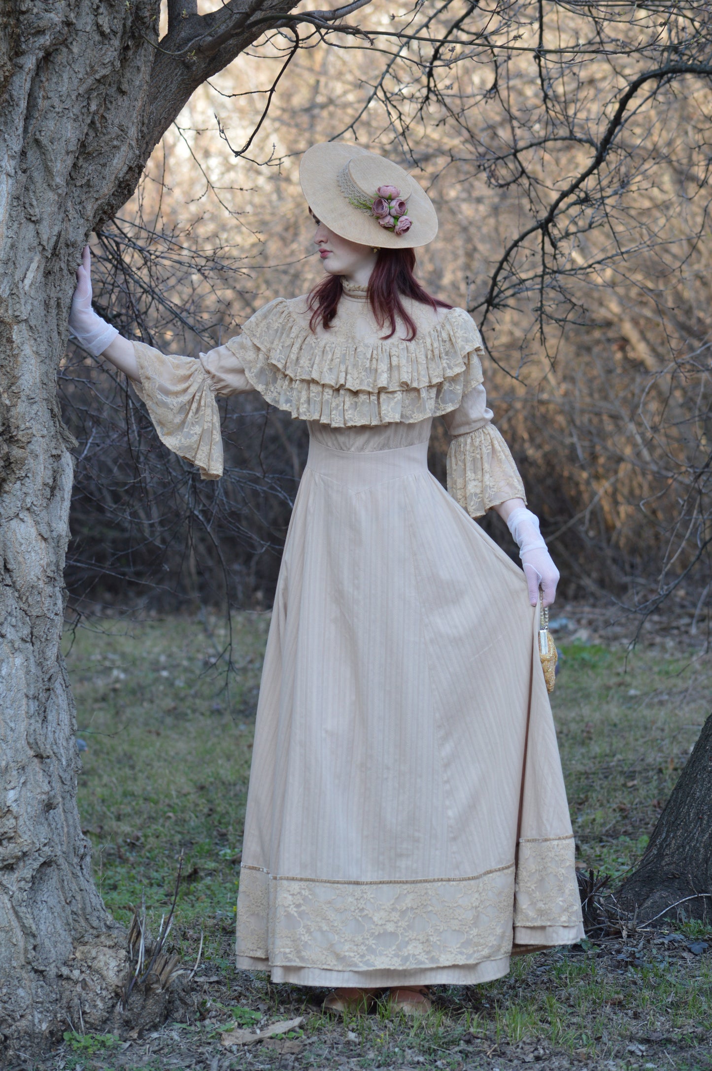 Edwardian beige wedding lace dress and hat