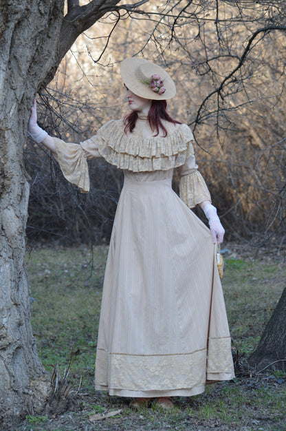 Edwardian beige wedding lace dress and hat