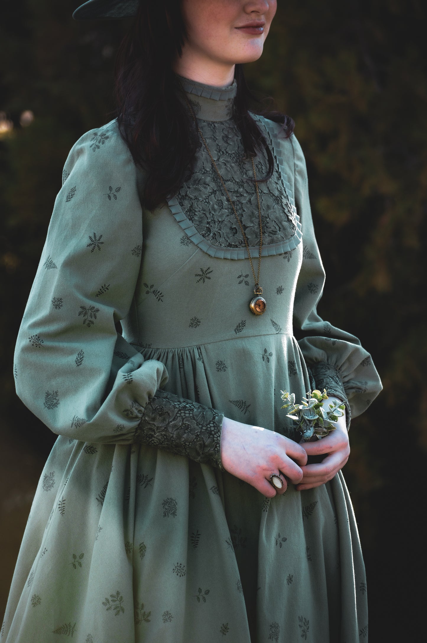 Dark fir green edwardian inspired  flannel dress with lace