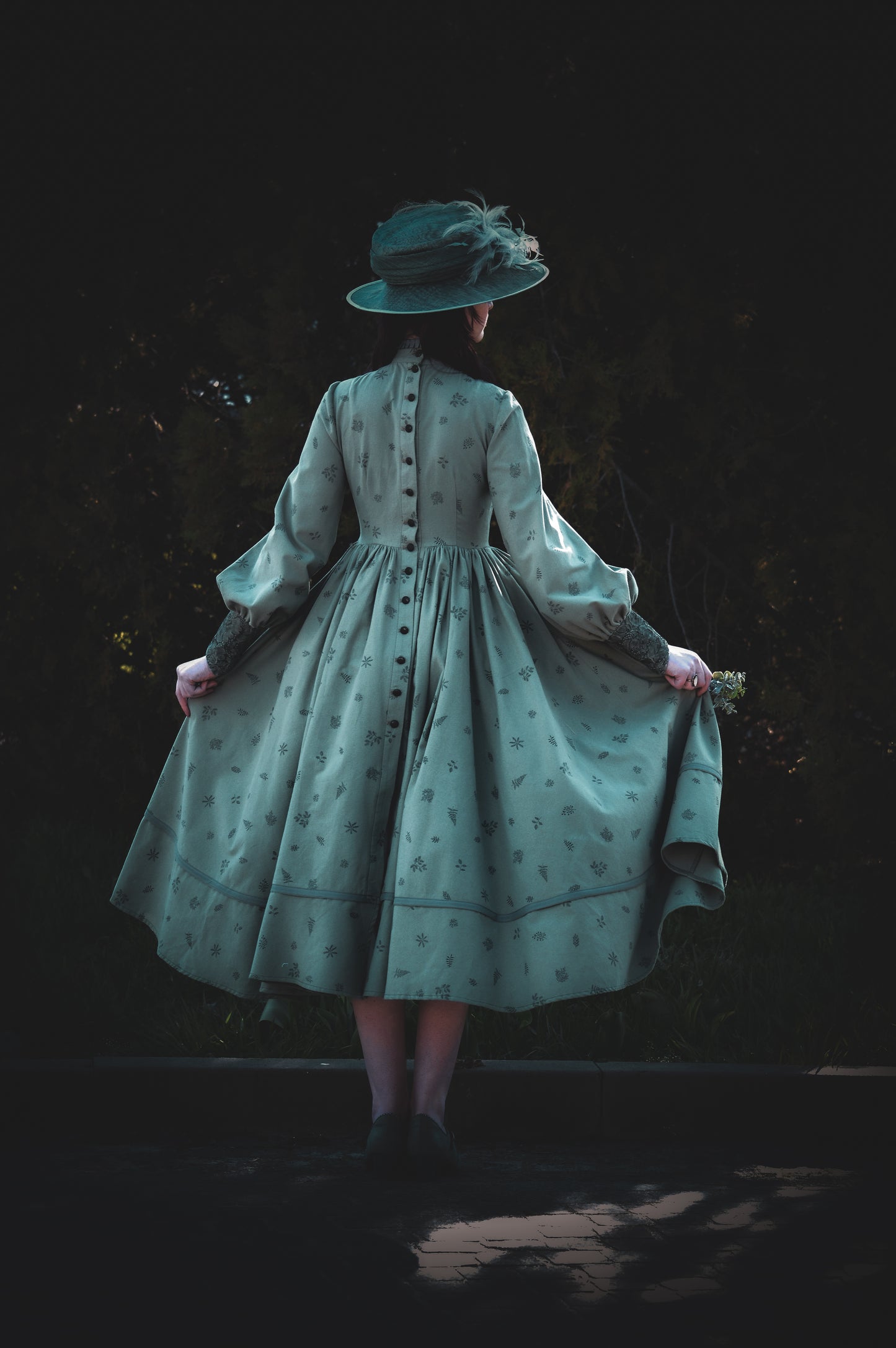 Dark fir green edwardian inspired  flannel dress with lace